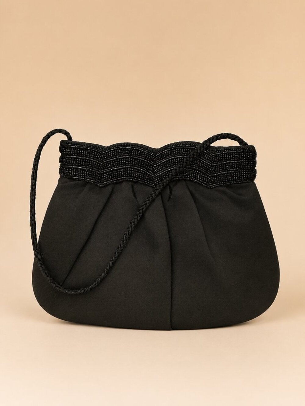Vintage Almondo Black Evening Bag Beaded Trim Ruched Formal Clutch Purse EUC